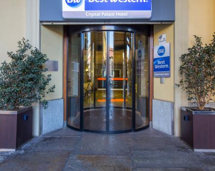 The exterior of the Crystal Palace Hotel in the center of Turin